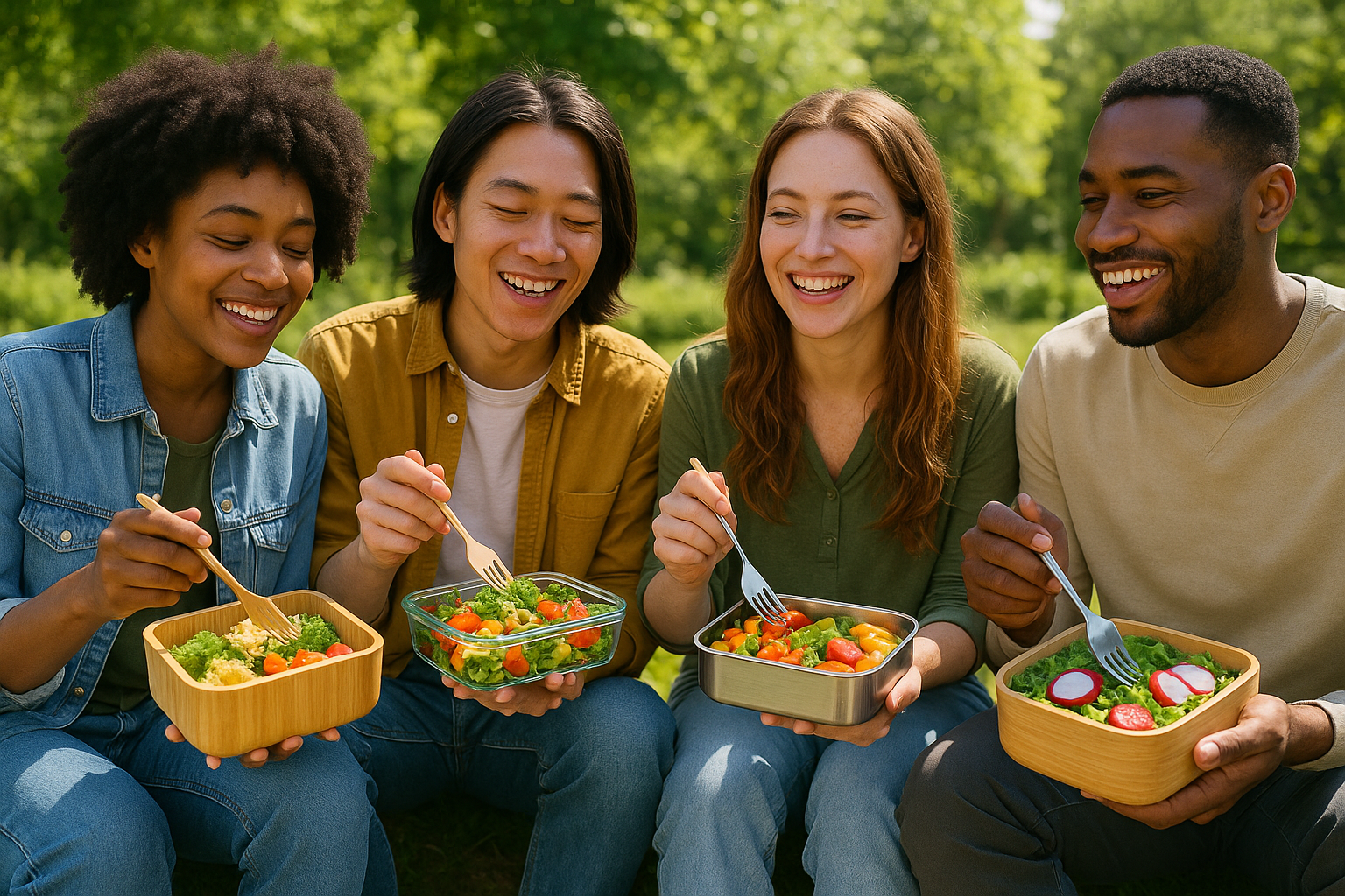 des gens mangeant ensemble avec leur lunch box eco-frendly
